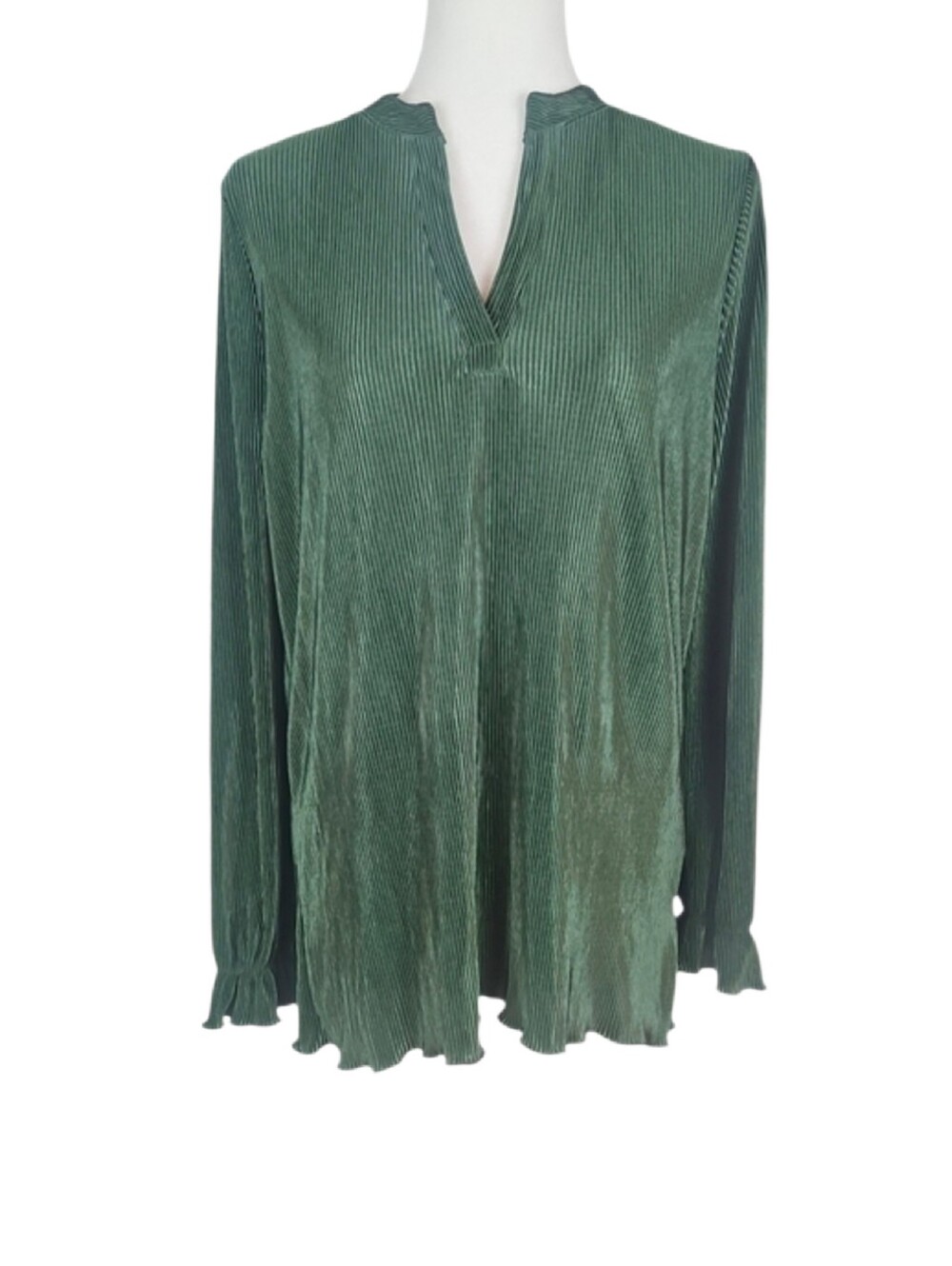 Absolutely Famous Women's Green Blouse Long Sleeve Ruffle Hem Elegant Retro M